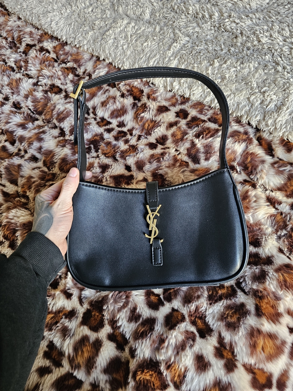 Saint Laurent Black Leather Shoulder Bag with Gold YSL Emblem